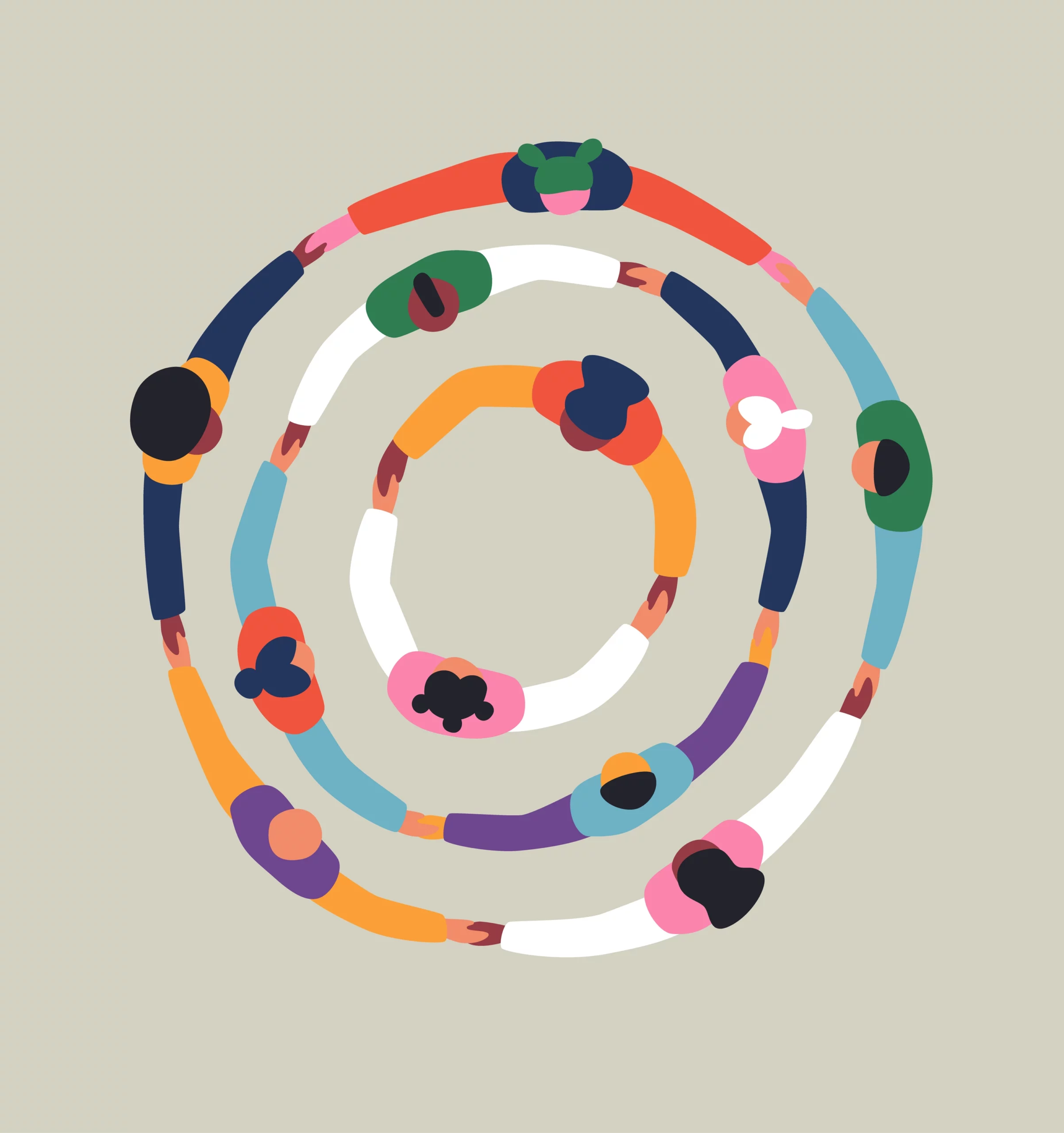 Coaching Collectif de Sophia BOURDEKAS - Illustration de personnages colorés se tenant la main en cercle, symbolisant l’unité, la collaboration et l’énergie collective des ateliers collectifs.