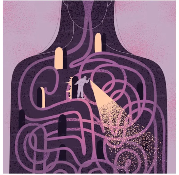 Particulier - Illustration d’un torse humain stylisé avec un labyrinthe intérieur aux couleurs violettes et roses, traversé par un personnage tenant une lampe torche, symbolisant l’exploration intérieure et la recherche de clarté.